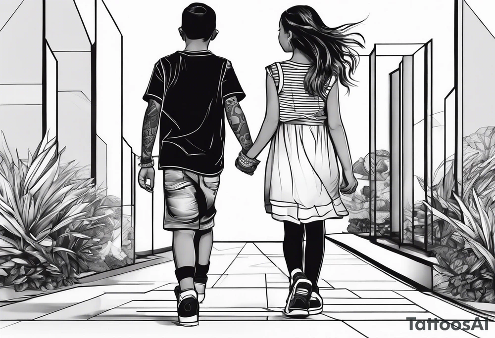 1 young boy 2 young girls walking tattoo idea