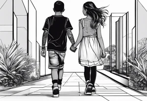 1 young boy 2 young girls walking tattoo idea