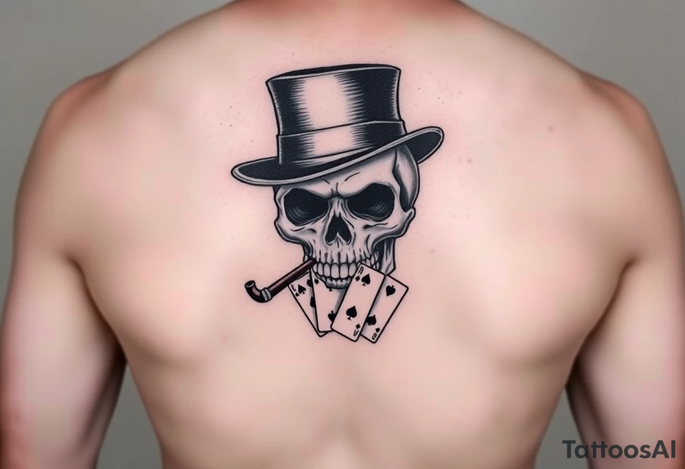 skull with top-hat and cigar in his mouth, playing cards. tattoo idea