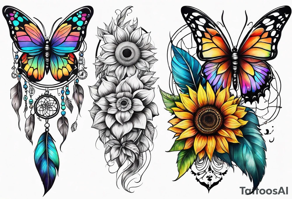 Quarter Leg sleeve with dreamcatcher, rainbow sunflowers and one butterfly tattoo idea