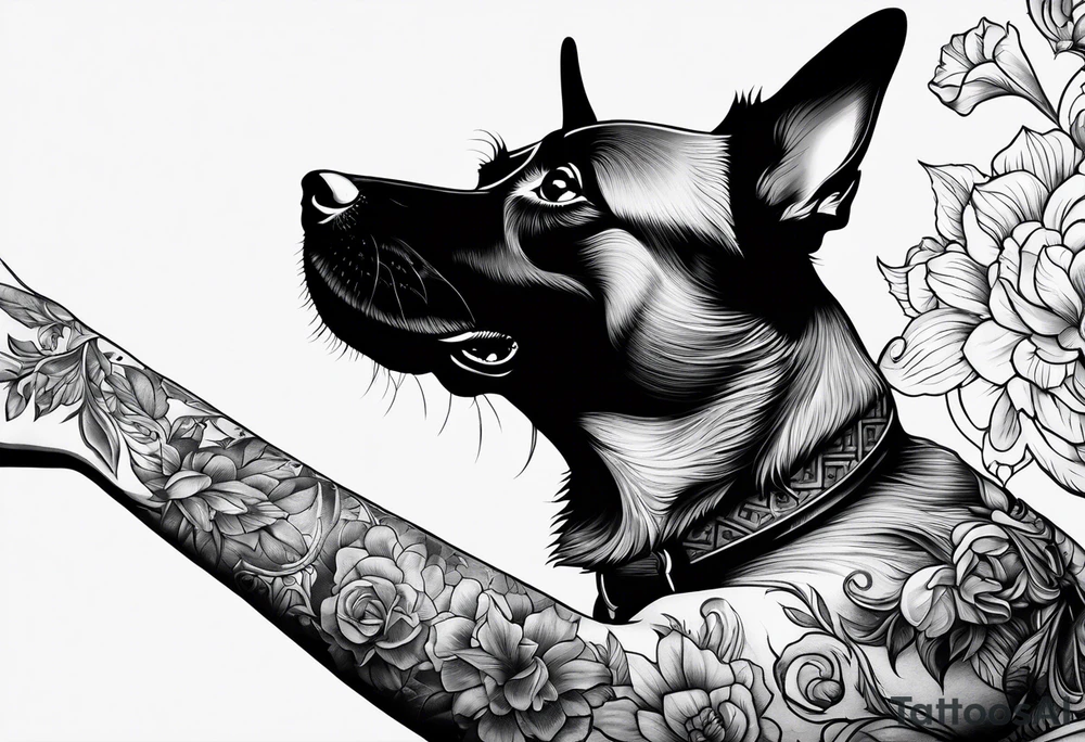 female dog reaching for hand of woman tattoo idea