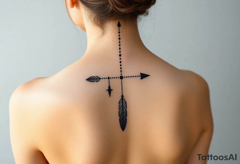 Thin spinal tattoo following down the spine in a native style with multiple different lengths flowing lines made of a discreet connection of morse code ".--- .- --.     .-.. ... -.- .- .-.   -.. .. --.     .-.. .. .-.. .-.. . -... .-. --- .-. forming an arrow connected to flowing feathers hanging from the morse code lines tattoo idea