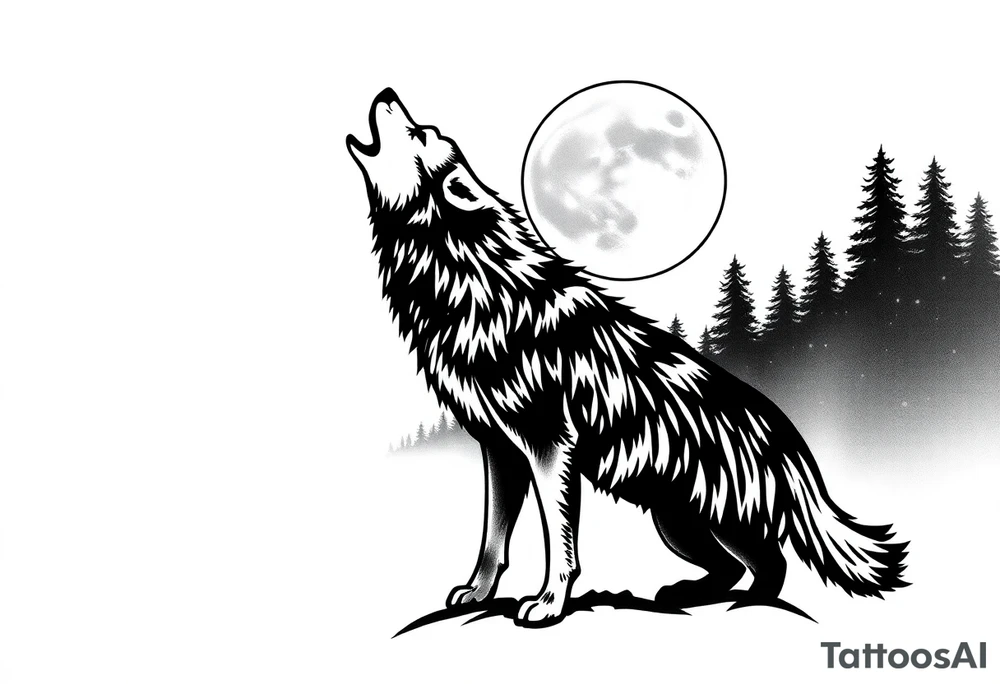 lone wolf howling at full moon with northern lights backdrop tattoo idea