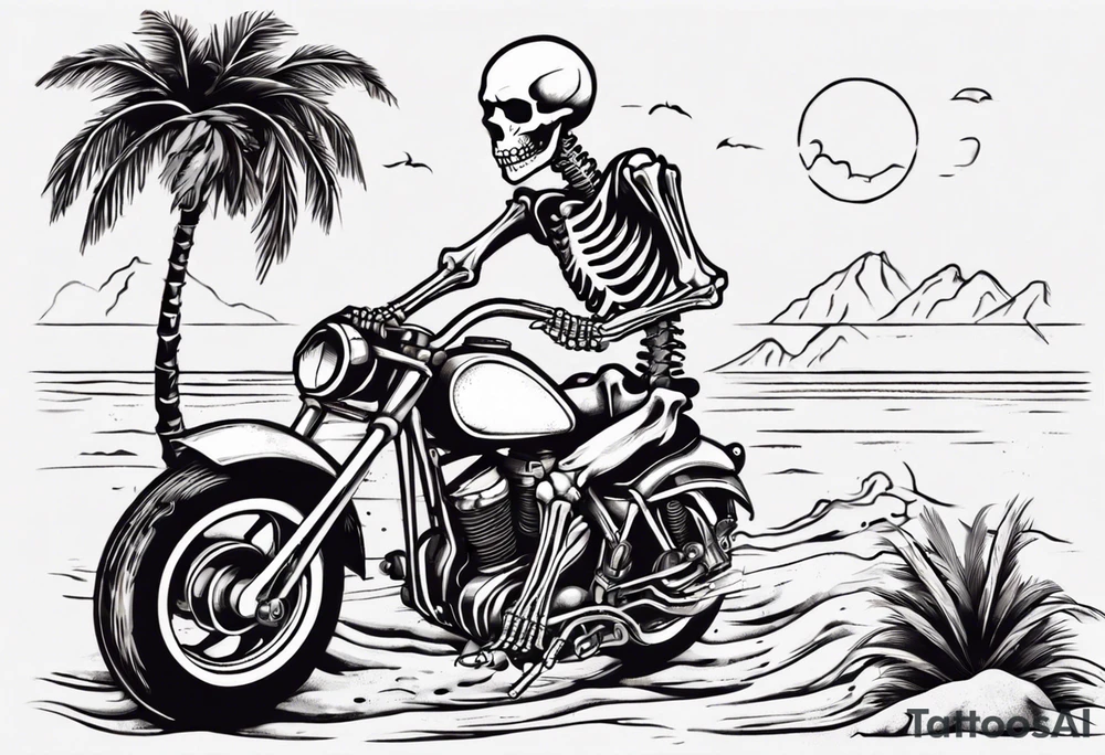 A skeleton riding a motorcycle on the beach with palm trees tattoo idea