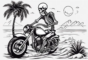 A skeleton riding a motorcycle on the beach with palm trees tattoo idea