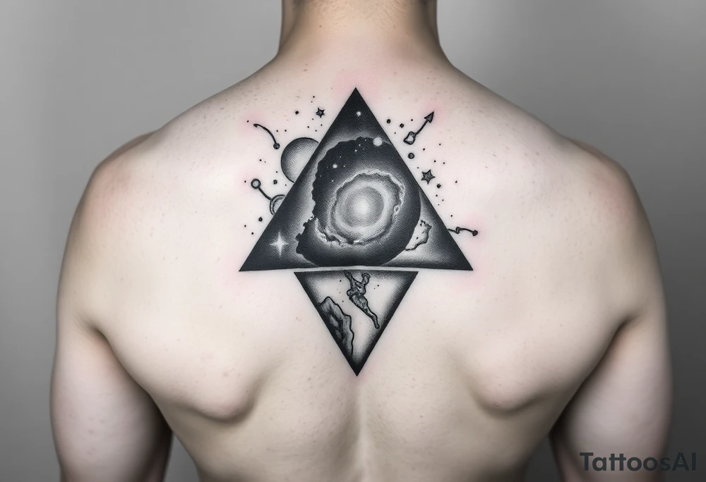 cover up tattoo of the galaxy that covers the upper portion of the back and is in an upside down triangle tattoo idea