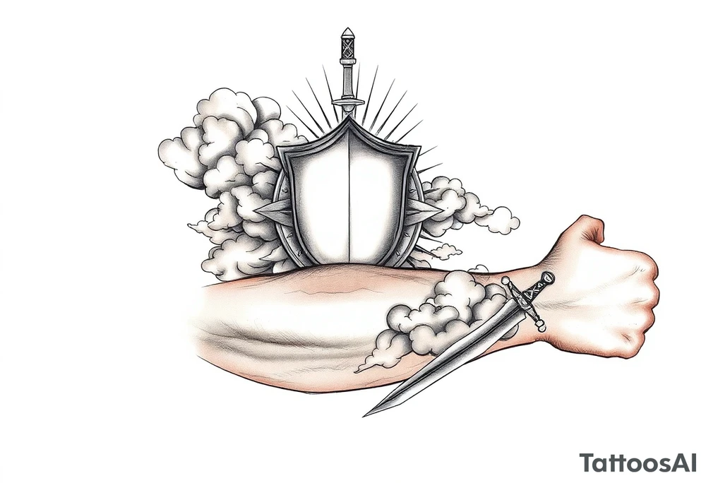 clouds, shield, sword, sun ray tattoo idea