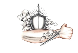clouds, shield, sword, sun ray tattoo idea