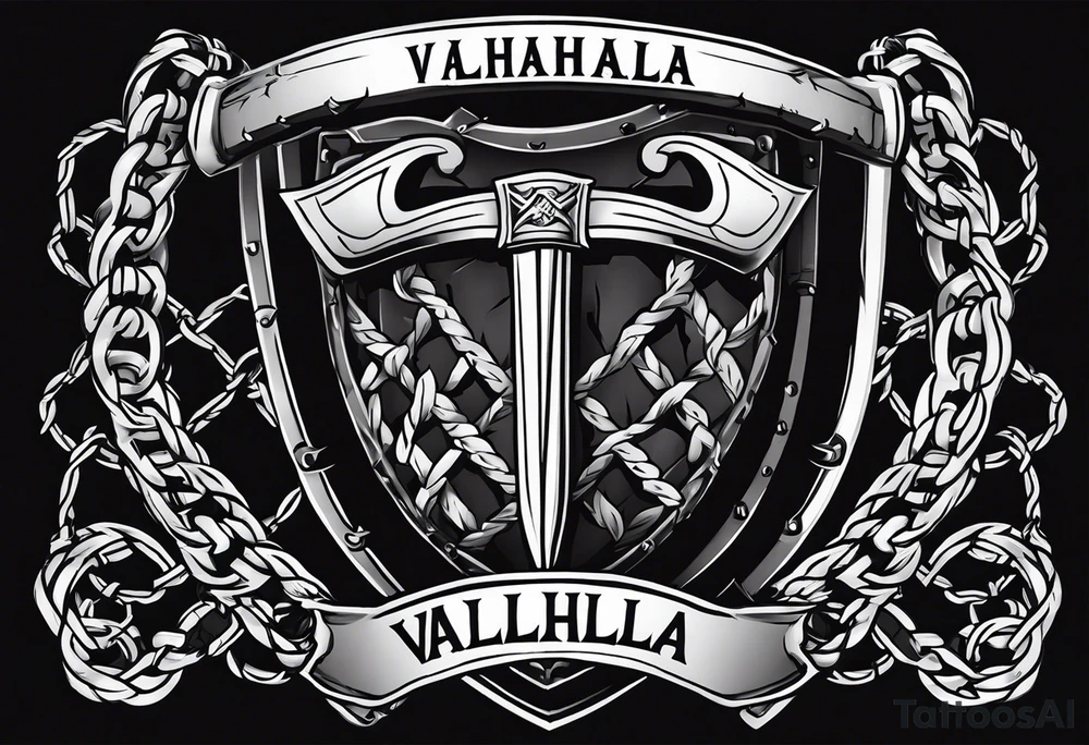 Valhalla sword shield axe barbed wire chains dark cloud tattoo idea
