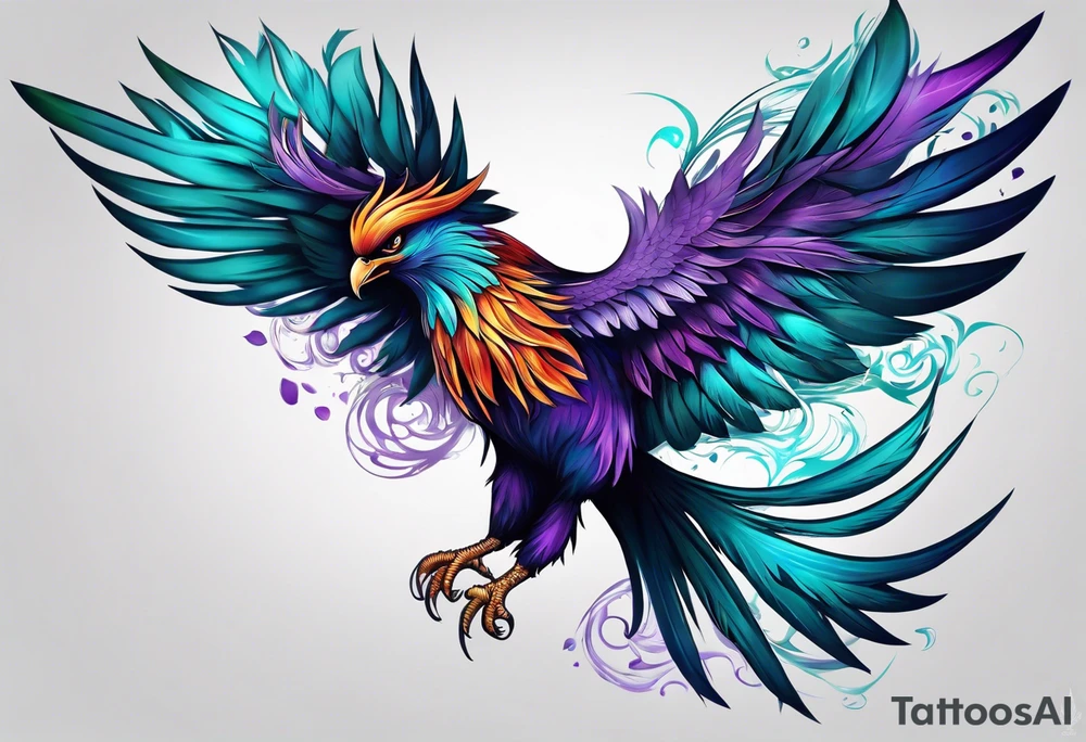 Phoenix on hip down into thigh with feathers that have teal purple and blue tattoo idea