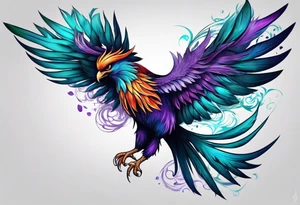 Phoenix on hip down into thigh with feathers that have teal purple and blue tattoo idea