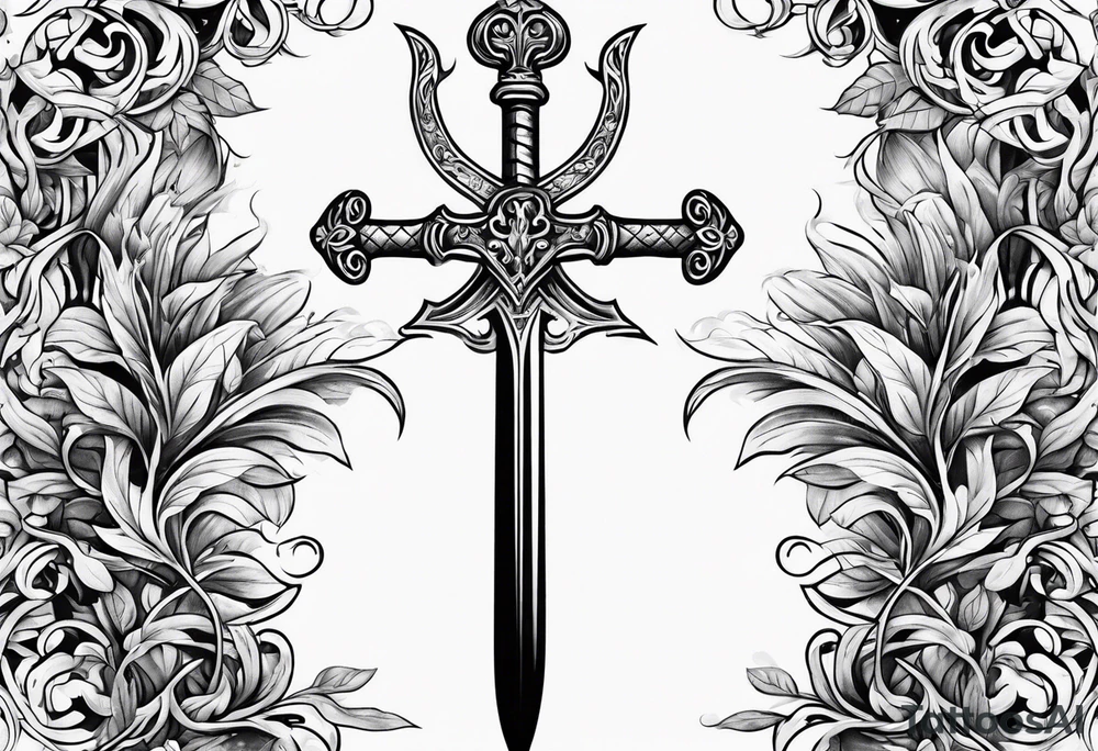 Leafy vines with sword tattoo idea