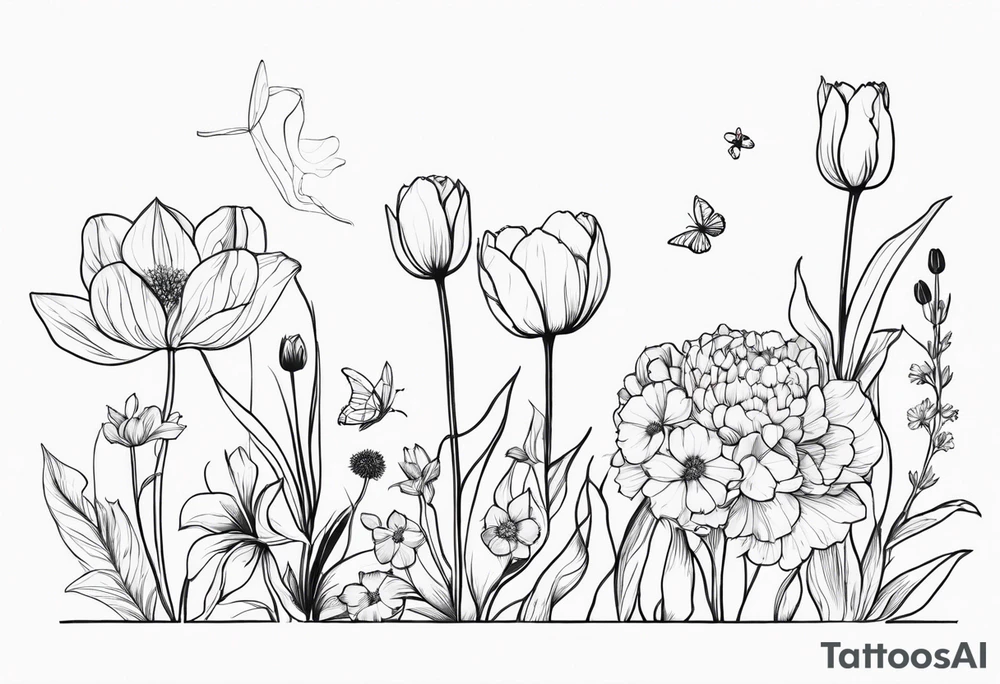 Verticle arm placement of HydrANGEAS, TULIPS, LILLIES, DRAGONflower, with wildflowers, poppy, complimentary flowers, bees, peony, forearm tattoo idea