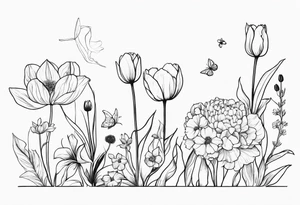 Verticle arm placement of HydrANGEAS, TULIPS, LILLIES, DRAGONflower, with wildflowers, poppy, complimentary flowers, bees, peony, forearm tattoo idea