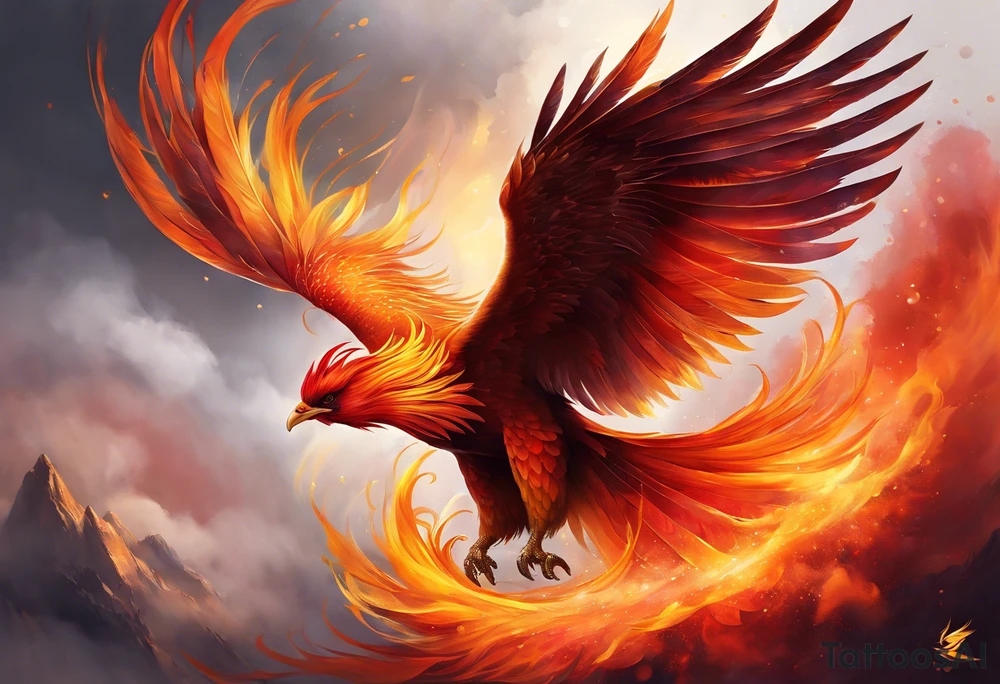 beautiful phenix, rising from fire and ash, signaling rebirth, renewal, beautiful, intricate, orange, red, deep red, bright orange, light yellow,. dark yellow, ethereal, foggy, cloudy, heaven like tattoo idea