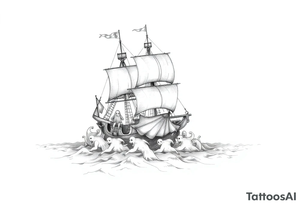 pirat-ship with ghosts surrounded by fog on sea. tattoo idea