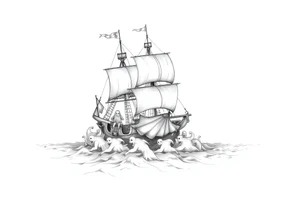 pirat-ship with ghosts surrounded by fog on sea. tattoo idea