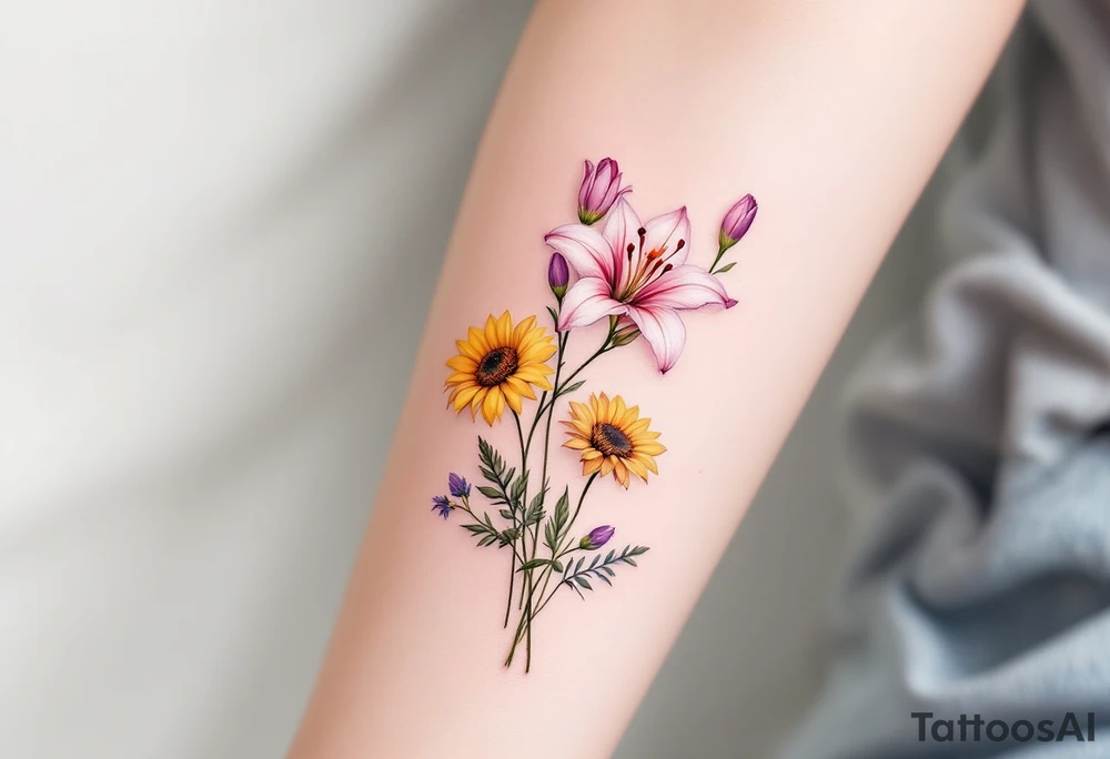 Dainty stargazer lillies in light pink with no outline with small yellow sunflowers and purple tulip buds in a dainty wildflower bouquet with stems tattoo idea