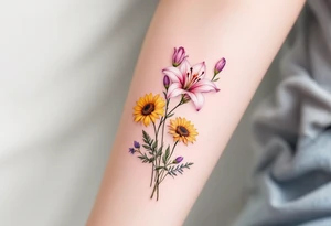 Dainty stargazer lillies in light pink with no outline with small yellow sunflowers and purple tulip buds in a dainty wildflower bouquet with stems tattoo idea