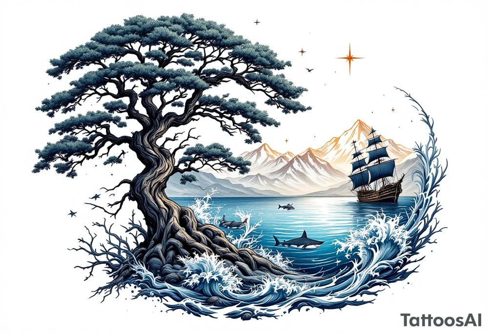tattoo that has an acacia tree with mountains, ocean with a ship wreck with sharks and the northern star tattoo idea