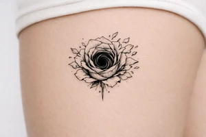 Single rose, petals shattering outwards, revealing a swirling dark abyss. tattoo idea