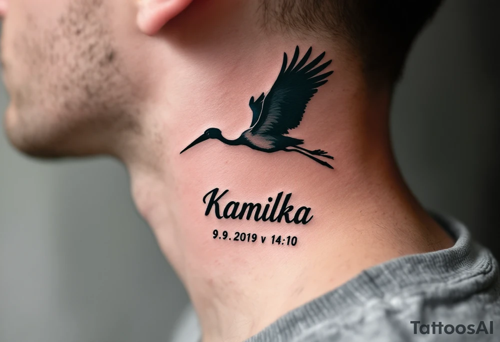 Stork silhouette flying above name Kamilka  and numbers "9.9.2019 v 14:10", inked in subtle muted tones. tattoo idea