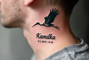Stork silhouette flying above name Kamilka  and numbers "9.9.2019 v 14:10", inked in subtle muted tones. tattoo idea