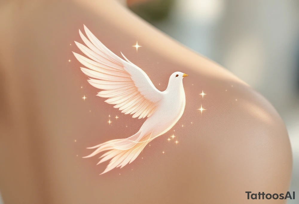 A majestic white dove with outstretched wings, gracefully soaring through the sky, with soft golden light illuminating its feathers. Delicate wisps of clouds swirl around it, creating a sense of movement and freedom. A flowing silk ribbon in soft pastel pink tattoo idea