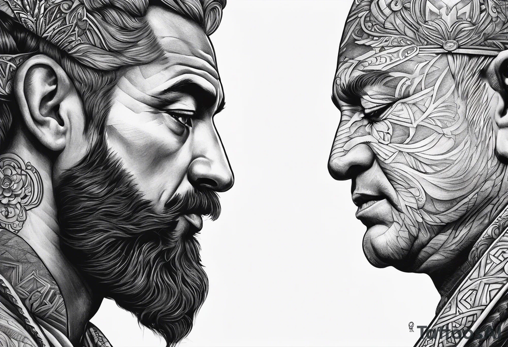 2 gods faces looking each other one morphs into a city and the other morphs into mountains tattoo idea