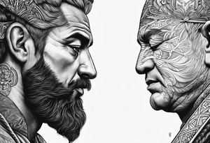 2 gods faces looking each other one morphs into a city and the other morphs into mountains tattoo idea