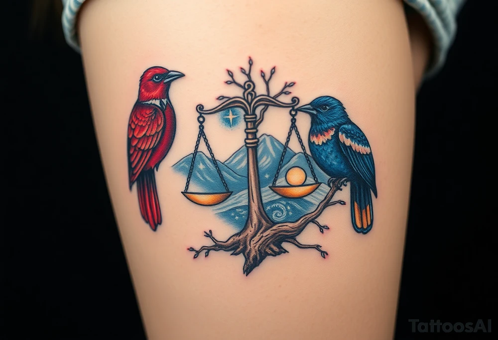 one of the birds red wearing a suit, other bird navy blue with glasses or holding a book, scales of justice built into a tree, starry night painting and mountain background tattoo idea