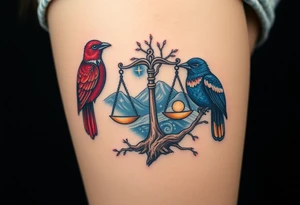 one of the birds red wearing a suit, other bird navy blue with glasses or holding a book, scales of justice built into a tree, starry night painting and mountain background tattoo idea