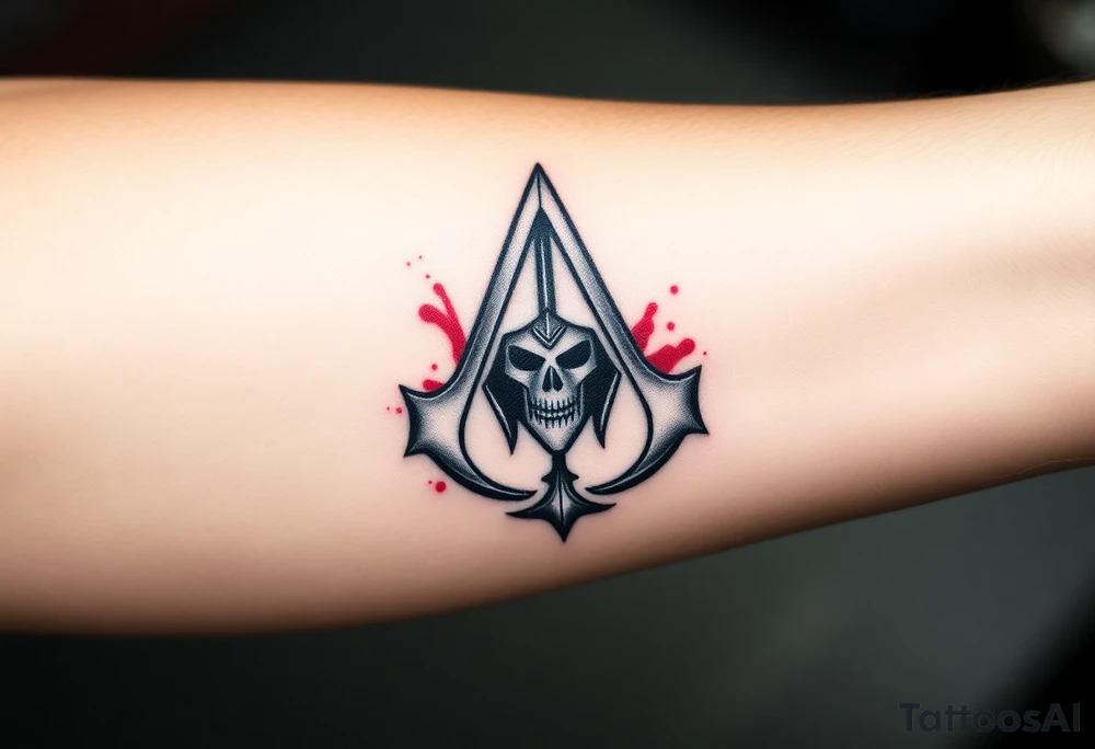 Assassins Creed emblem with Spartan helmet and sword inside and blood splashes incorporated into logo. tattoo idea