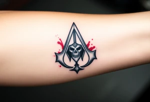 Assassins Creed emblem with Spartan helmet and sword inside and blood splashes incorporated into logo. tattoo idea