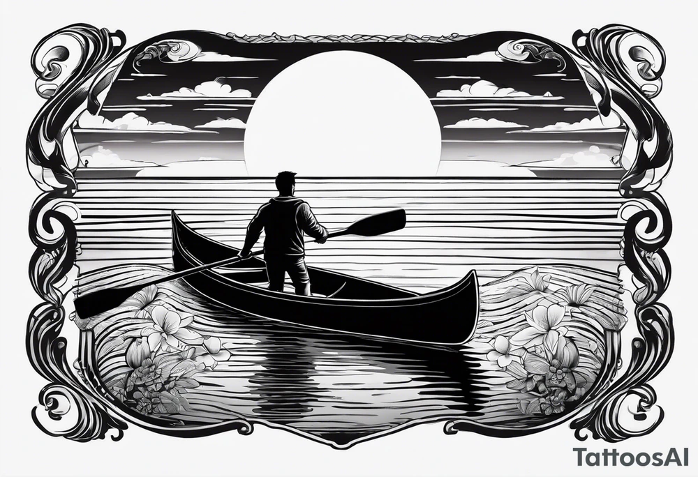 pictured from behind, average sized man with his arms fully extended straight out to the side at chest level, standing on top of modestly sized canoe on the water with a sun above his head. tattoo idea