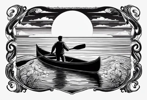 pictured from behind, average sized man with his arms fully extended straight out to the side at chest level, standing on top of modestly sized canoe on the water with a sun above his head. tattoo idea