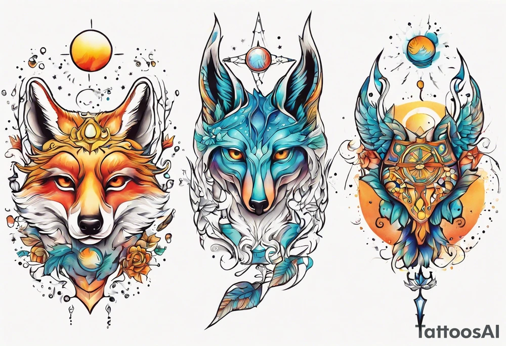 fisch, fuchs und eule , symetrie  sonne, universum, bunt, " sapere aude" tattoo idea