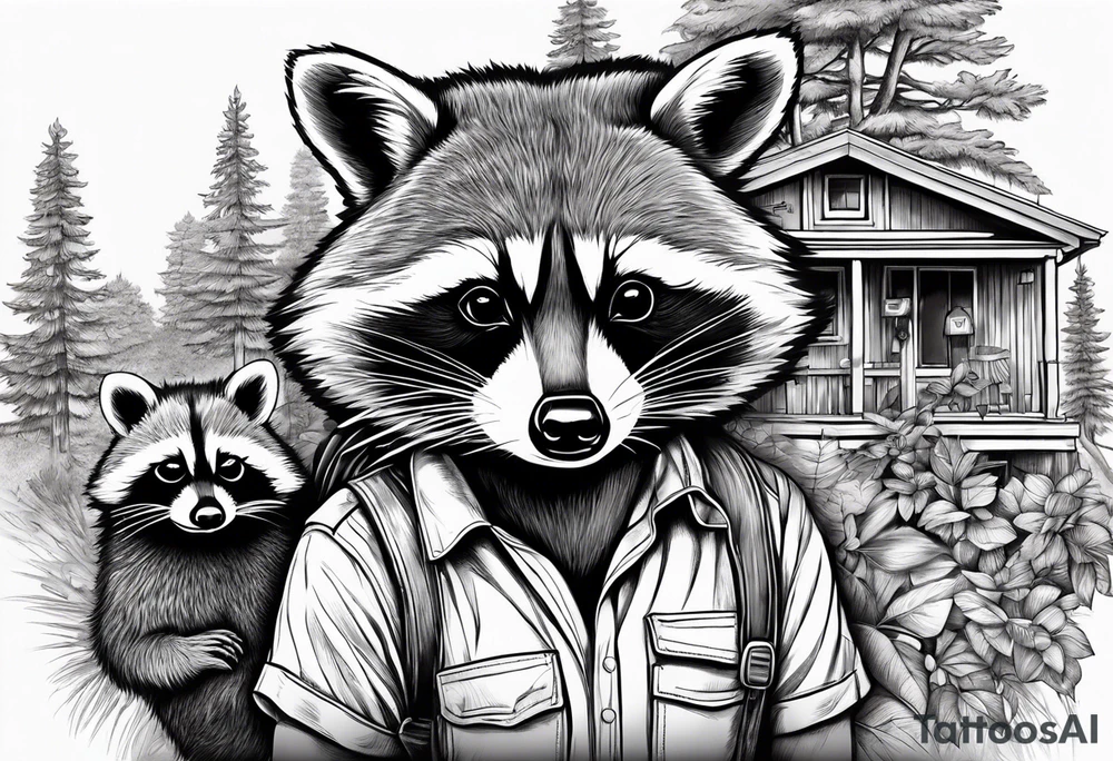 Hard working Raccoon Husband with wife and child.
Background House and woods tattoo idea