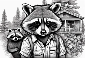 Hard working Raccoon Husband with wife and child.
Background House and woods tattoo idea