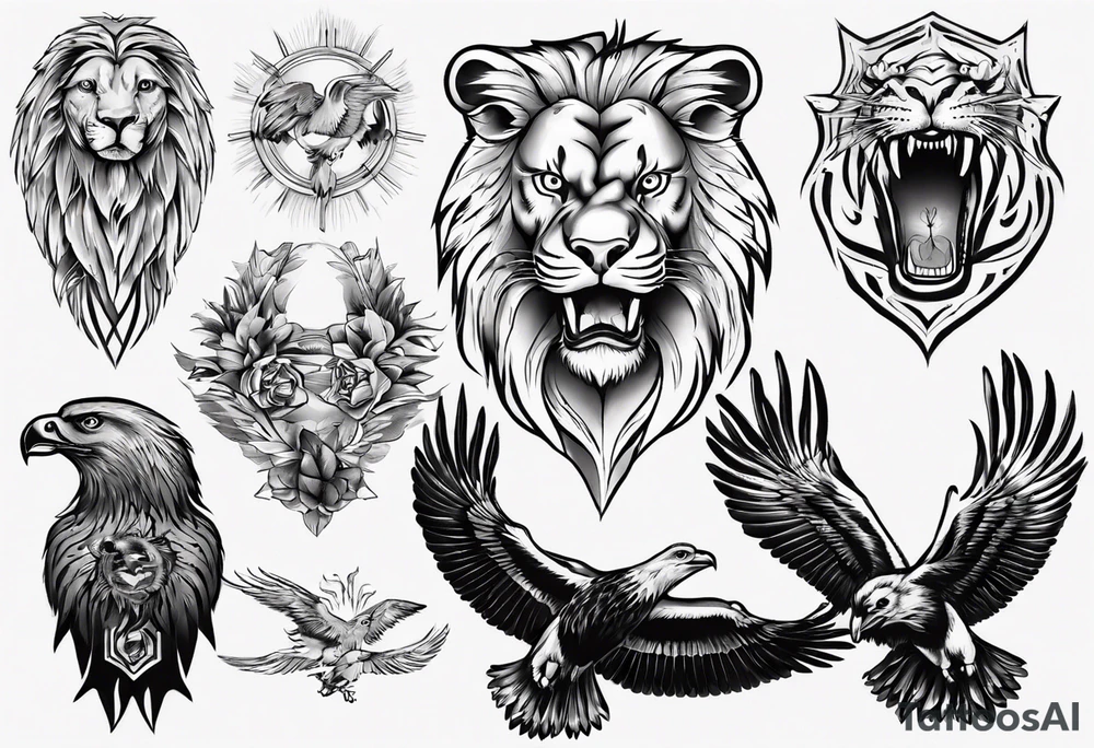 Adler und Löwe je halbseitig zusammengefügt tattoo idea Adler und Löwe je halbseitig zusammengefügt tattoo idea