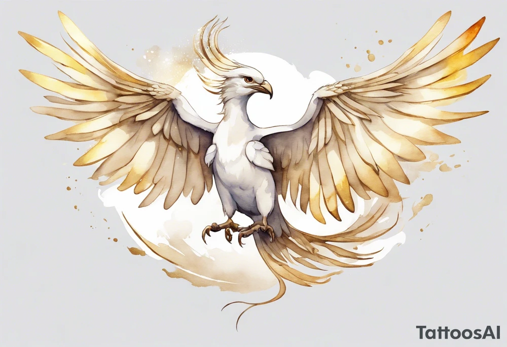 a watercolor of a white bird-serpent hybrid wearing a plain crown, with light gold wing feathers, flying in the sky tattoo idea