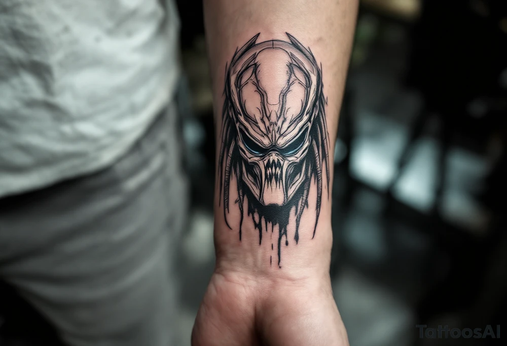 Ghost Predator – A stealth-based hunter with muted gray-blue camouflage skin, almost no armor, and a skull-like bio-mask designed to terrify prey. Uses silent weapons instead of plasma-based technology. tattoo idea