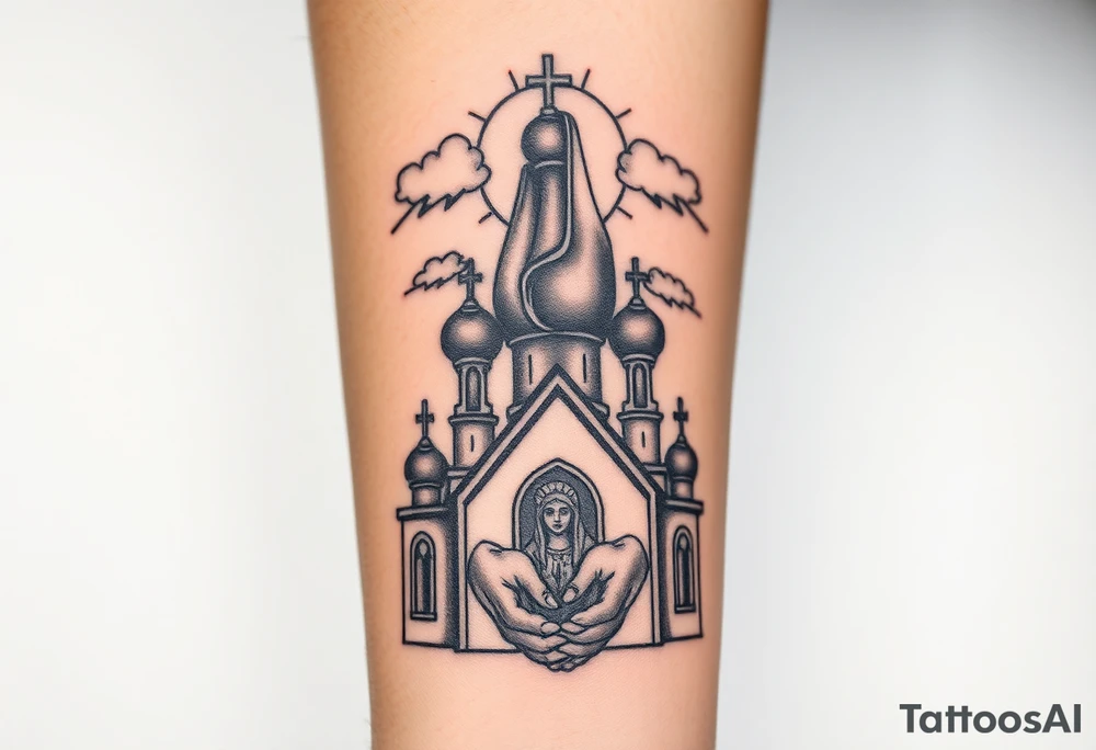 Russian Orthodox church with orthodox spire crosses, with a glow around the church, clouds above it and a virgin mary seperately looking over hands on heart sat above tattoo idea