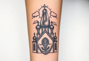 Russian Orthodox church with orthodox spire crosses, with a glow around the church, clouds above it and a virgin mary seperately looking over hands on heart sat above tattoo idea