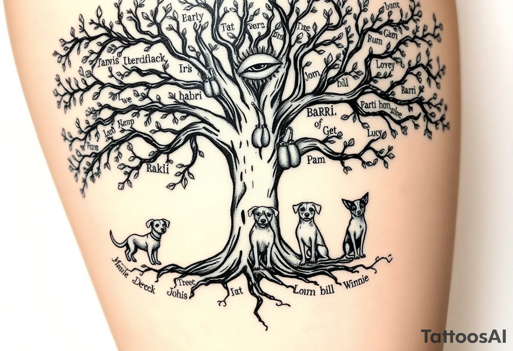 Hippy beech tree full of life. 
Jamie, Derek, Iris, John, bill, Winnie names in the roots, Mavis, Garhi, Mickey, Pam, Lucy, in the branches at the top. Names can be in Hebrew. 
Three dogs a Rhodesian Ridgeback, King Charles cavalier and chihuahua. 
Prett, feminine ornate. Boxing gloves hanging from tree maybe with an all seeing eye overseeing it all. Must be feminine and pretty tattoo idea