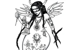 Black Sylph with dreads wearing blind fold and ankh pendant with tattoos holding weighing scales with the sun and moon rose vines surrounding and Anubis guarding tattoo idea