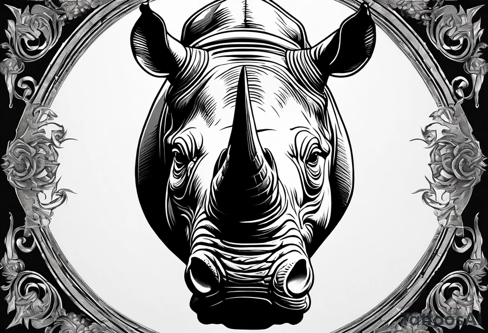 A front-facing rhino head with a sharp elongated tusk that is angry and fierce. Ears pointed straight up and forward a bit. Eyes that pierce your soul. A snarling jowel tattoo idea