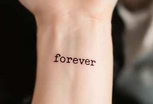 A simple "forever" in lowercase typewriter font with a muted brown ink, vintage style. tattoo idea