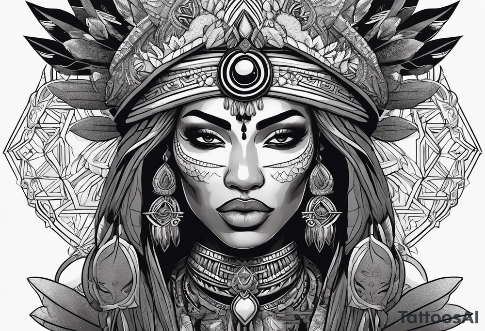 valkrye, kali, pirate, african goddess, , warrior, native american, lotus, zenza resonance, skulls, pachamama, left side face, chest, right wing, tattoo idea