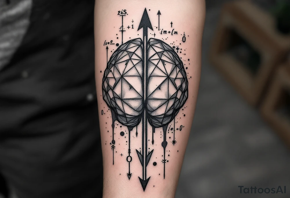 A geometric, vertical, front-seen brain. A detailed arrow crosses from below and exit from the top, with its tip desintegrating to represent entropy and watercolor stains spilled from the arrow. Around of the main tattoo, math and physics formulas, including the formulas "ΔS ≥ 0" and "(iδ + m) Φ = 0" tattoo idea